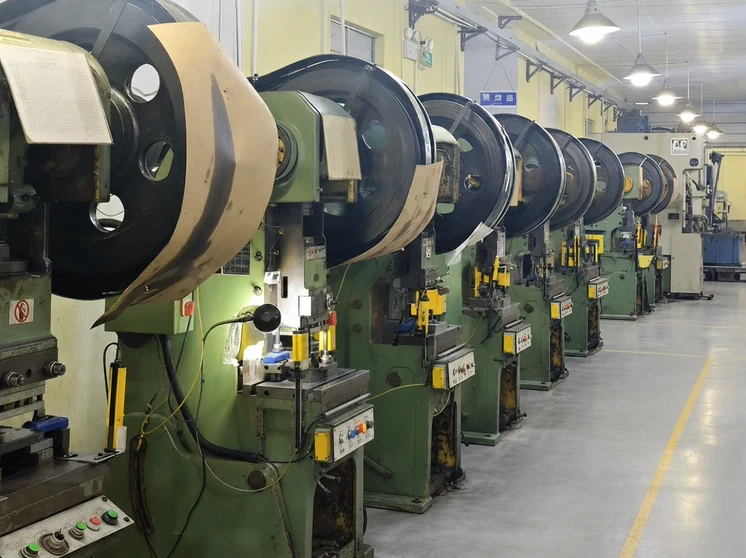 Rows of stamping equipment in the production workshop