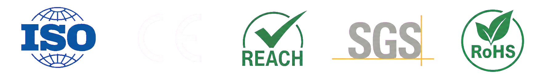 ISO, CE, REACH, SGS and RoHS certification icons
